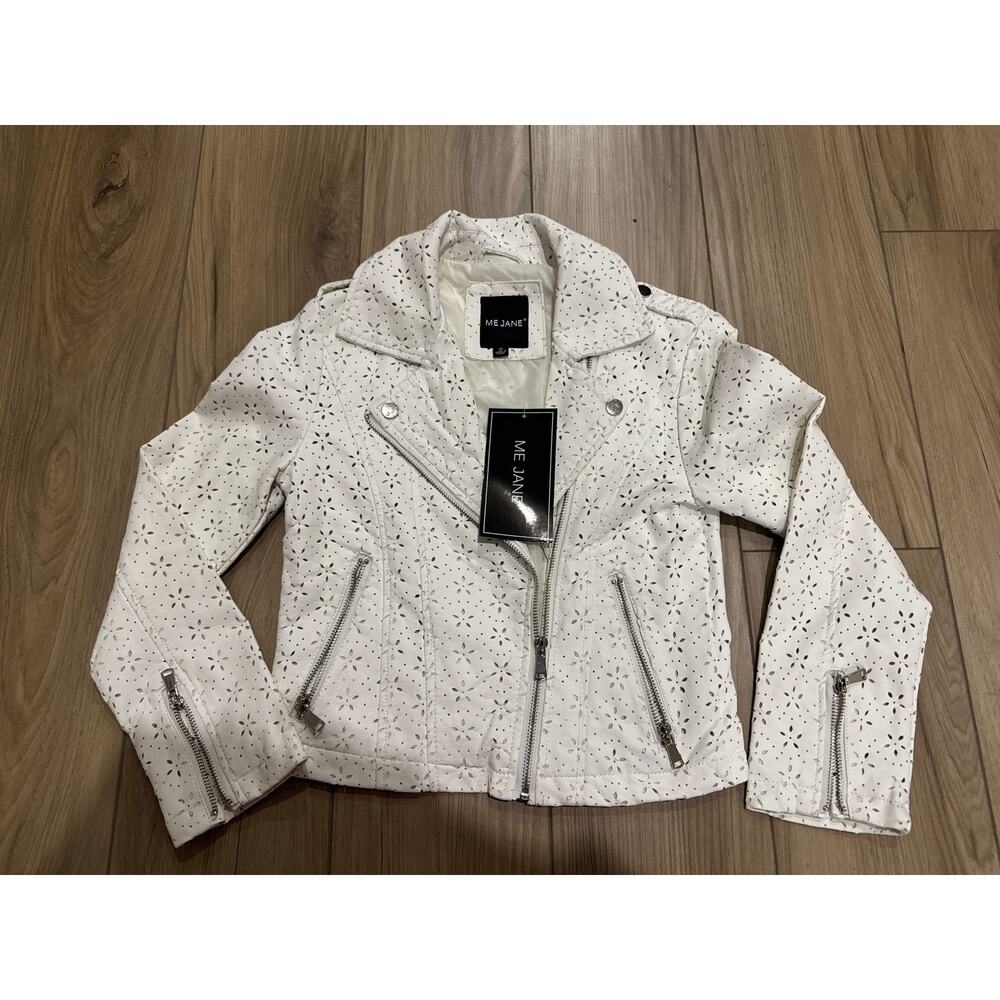 NEW Me Jane White Faux Leather Moto Jacket Girls Size 12 Motorcycle Biker